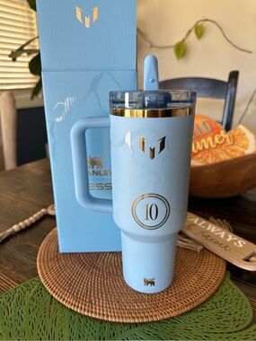 40 oz Stanley Light Blue Travel Tumbler with Gold Accents